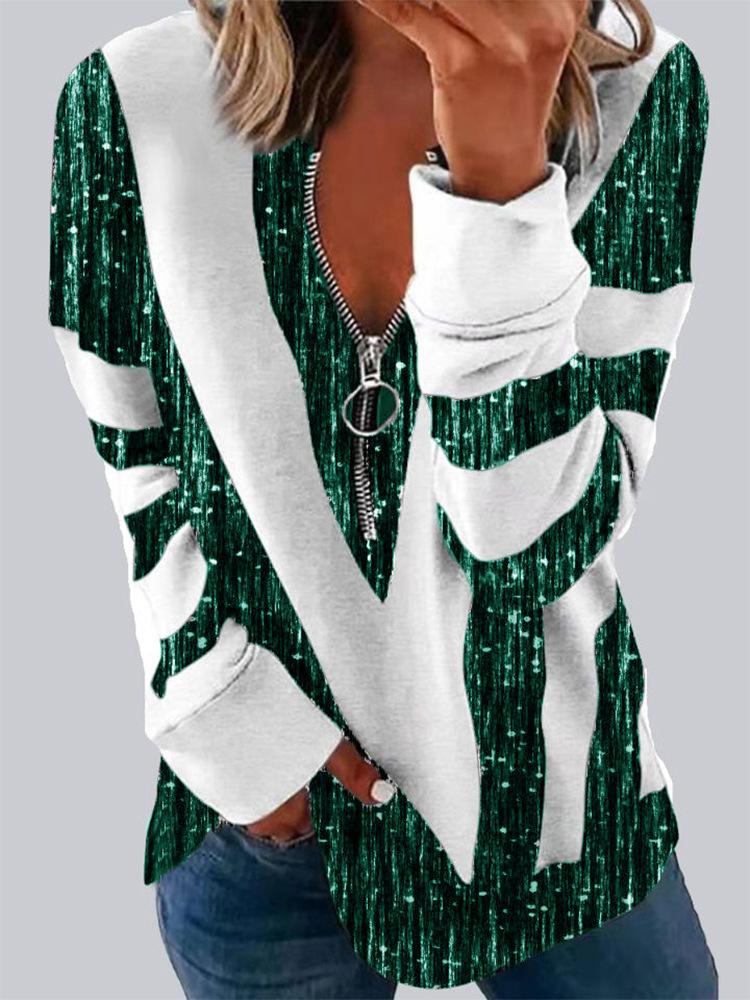 Casual Stand-Up Collar Zip Long-Sleeved Loose Pullover Digitally Printed Womens Sweater Comfortable Fit Trendy Versatile for Daily Wear
