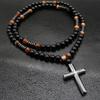 Collana Rosario con Perle Occhio di Tigre Naturale e Pietra Vulcanica, Ciondolo a Croce in Lega, Lunga Catena per Maglione, Gioielli Religiosi alla Moda Unisex