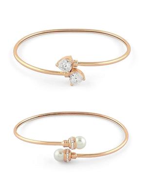 Set of 2 Rose Gold Tone Contemporary Cubic Zirconia Pearls Brass Kada Style Bracelet For Women