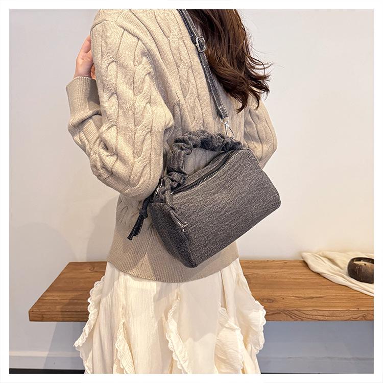 Korean Style Chic Denim Pleated Embroidered Crossbody Bag for Women