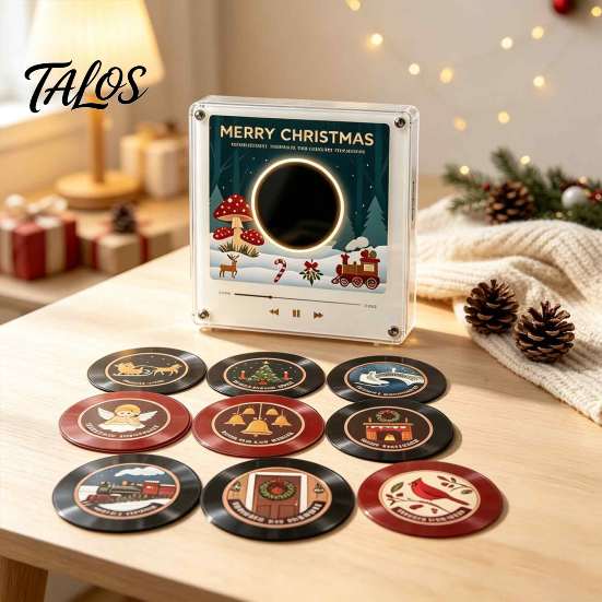 NFC Vinyl Record Player Fridge Magnet for Christmas, with 9 Programmable Records, Set 256MB Memory, LED Light-Up Personalized Magnetic Music Box Mini