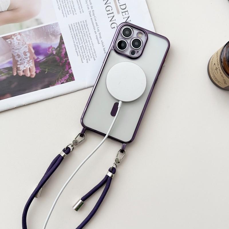 Plating Magnetic Strap Case For iPhone 15 13 12 11 14 16 Pro Max Plus Crossbody Short Long Two Lanyard Necklace Rope Clear Cover