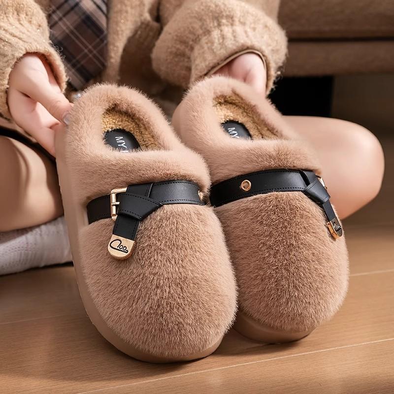 Thick-soled Fluffy Shoes Are Worn Outside In Winter, Piled and Thickened To Keep Warm, Fashionable Belt Buckle, Home Indoor Bag Head Cotton Slippers.
