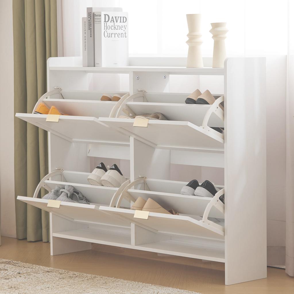 Modern Shoe Cabinet, with 4 Flap Compartments, Open Shelves, for Entrance Area or Hallway, White, Dimensions: W110/H90/D24 cm(OLD SKU:N657P201550W)