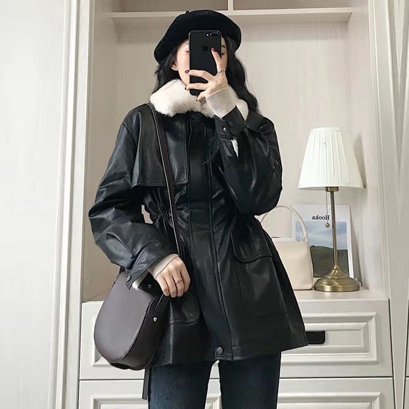 Retro PU Leather Jacket, Fur Coat, Loose Parka Leather Jacket for Women Winter