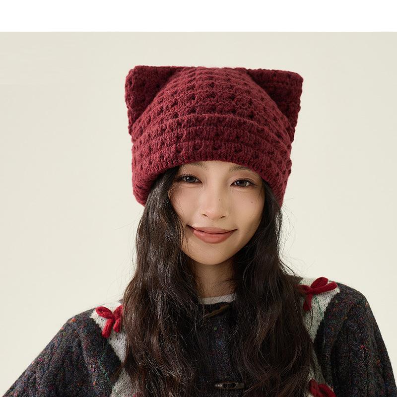 

Шерстяная шапка с кошачьими ушками Осень Зима Большая голова Теплая Защита ушей Вязаная шапка красный