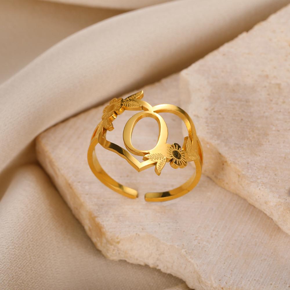 Stainless Steel Initials Flower Heart Rings Gold Color Adjustable Delicate Letter Leaf Rings For Women Girl Alphabet Jewelry KTJ