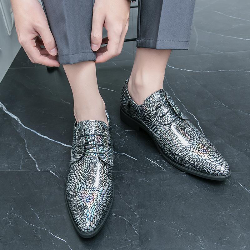 Model catwalk leather shoes personalized laser dragon scale pattern patent leather glossy pointed nightclub shoes