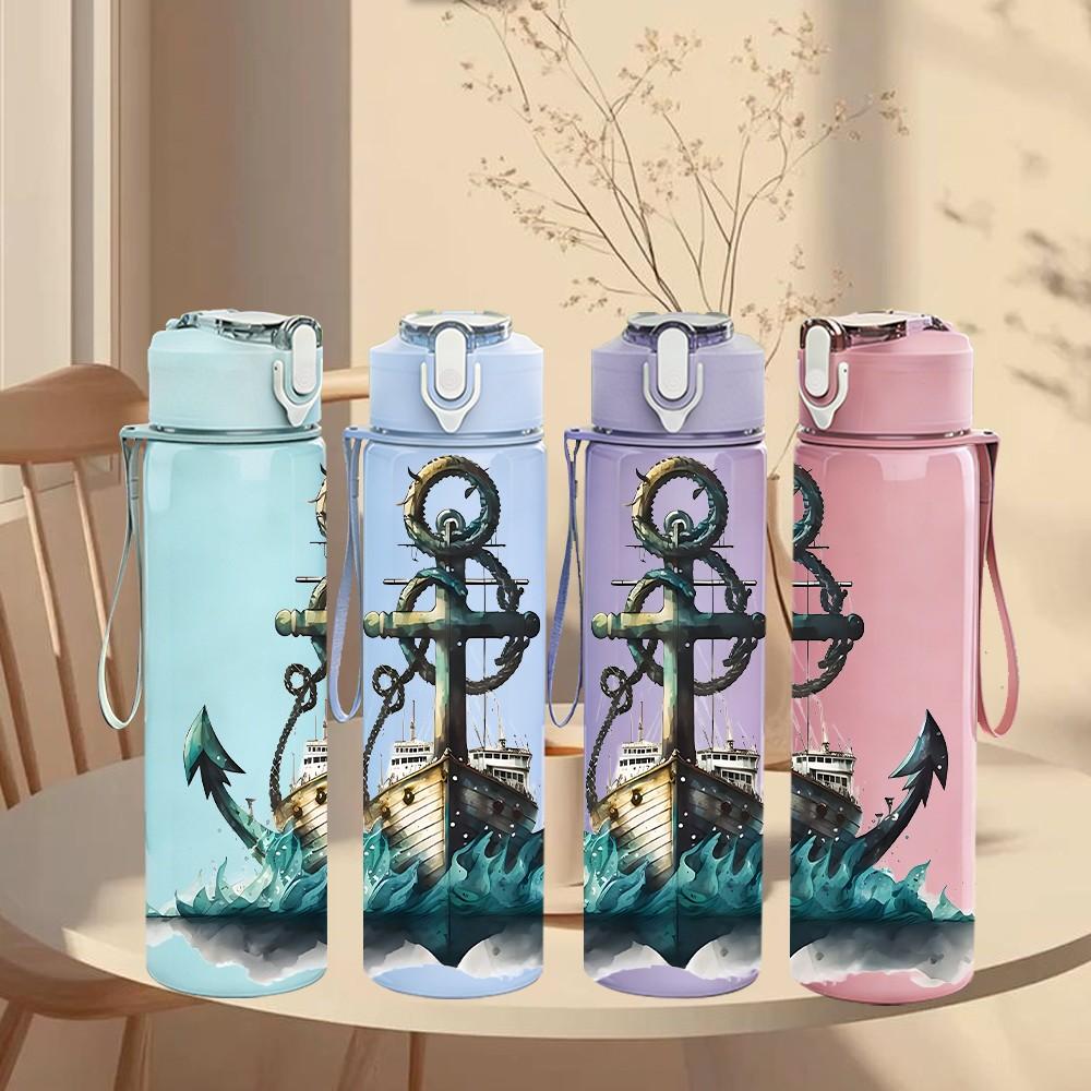 1PC Vintage Anchor Marine Pattern 750ml Color Plastic Sports Water Bottle Leakproof Flip Straw Lid Suitable for Sports Office Home Use