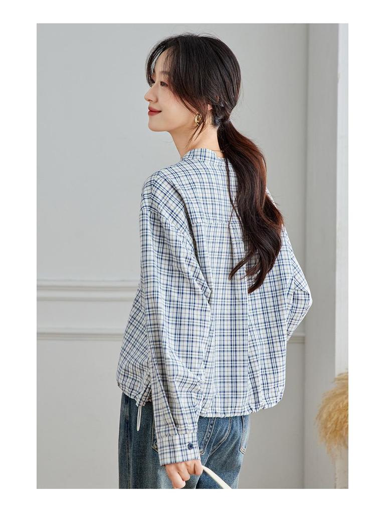 Jesień 2025 Damska Koszula w Kratę z Długim Rękawem i Kokardą