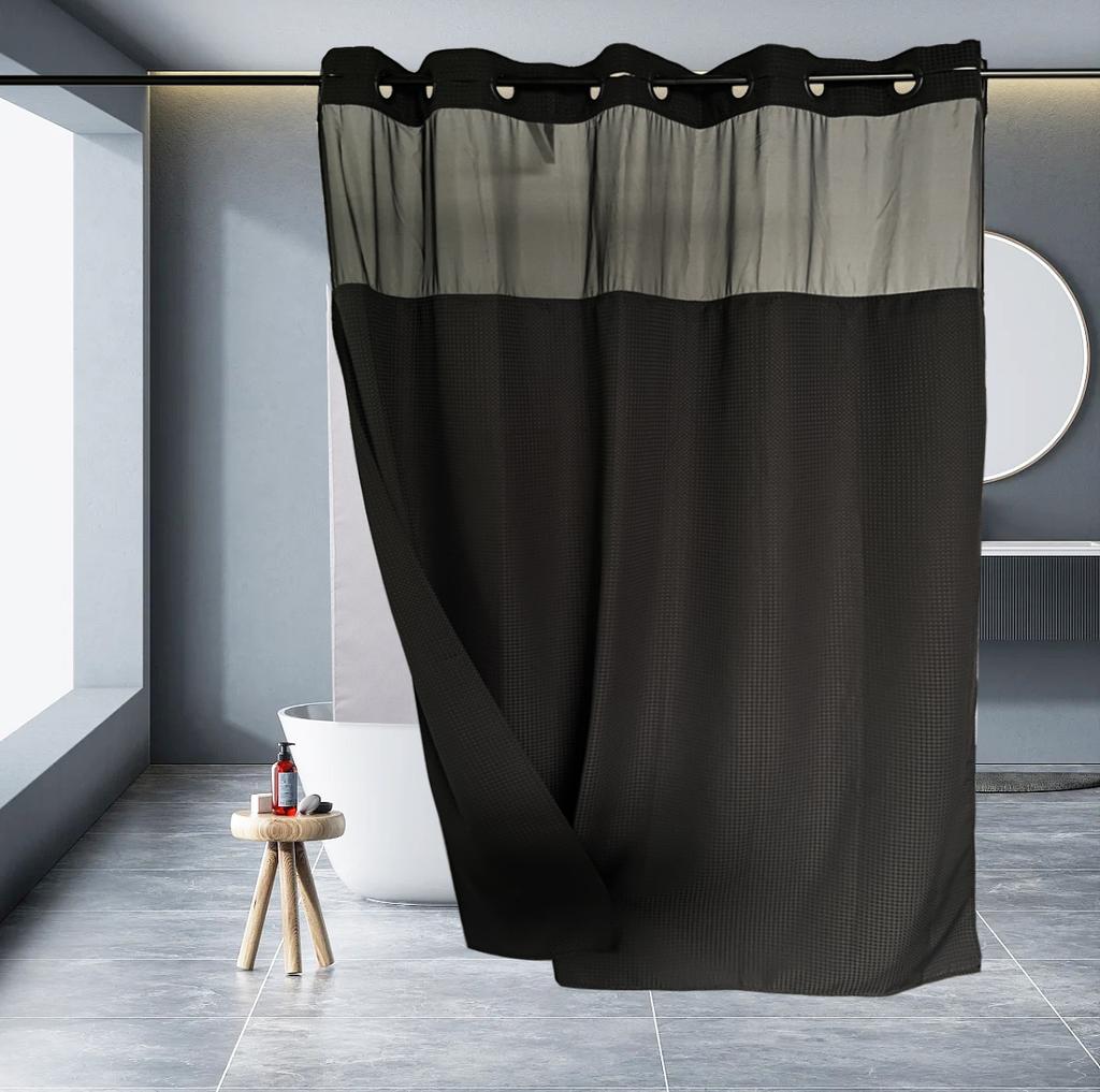 No Hook Shower Curtain with Snap In Liner, 230GSM Waffle Weave Shower Curtains for Bathroom, Hotel Grade,Spa Like Bath Curtain