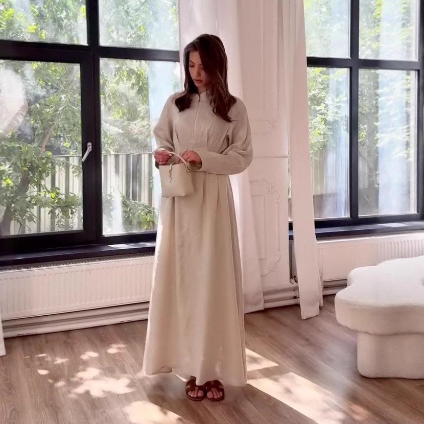 

2025 Autumn Women s A-Line Zipper Dress: Semi-High Neck, Tie Waist, Long Sleeves L