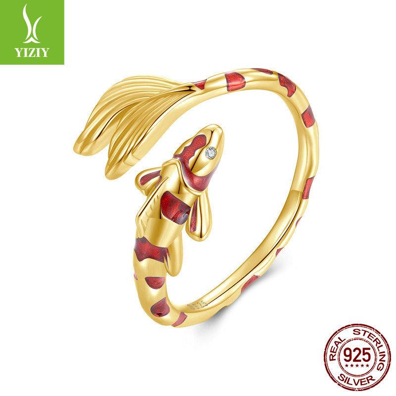Koi 925 Sterling Silver Open Ring, Chinese Style Red Oil Drop Lucky Ring Jewelry