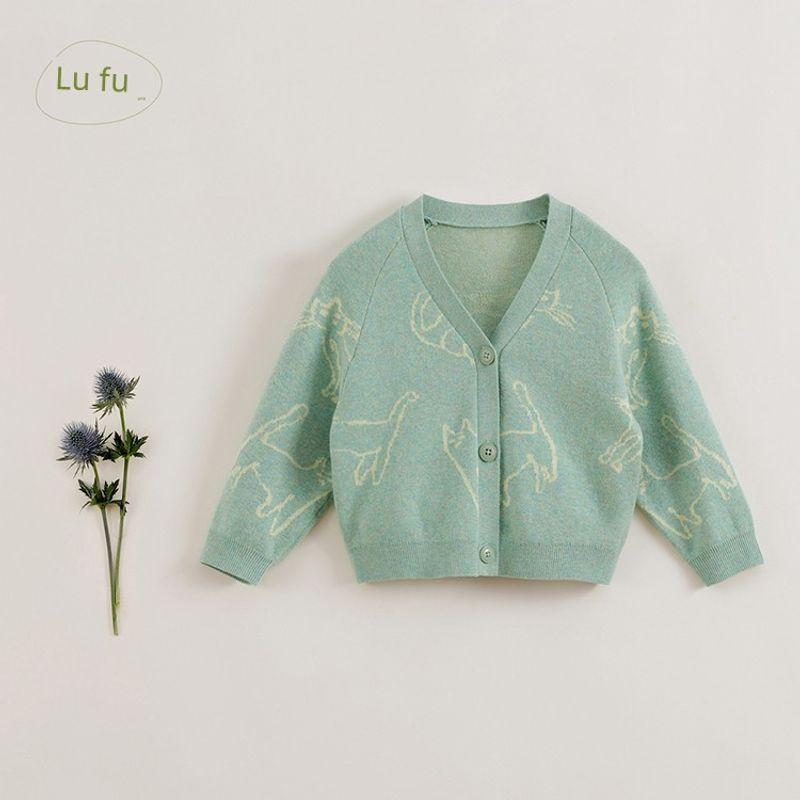 Mark Jenny French Elegance Girls  Graffiti Cat V-Neck Knitted Cardigan Children s Sweater Spring Collection 230296 Lake Green([Ready Stock]) 120 cm