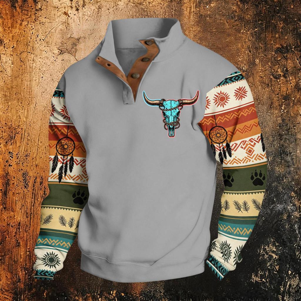 Men's Print Hoodie, Western Long Sleeve Pullover Sweatshirt with Pattern