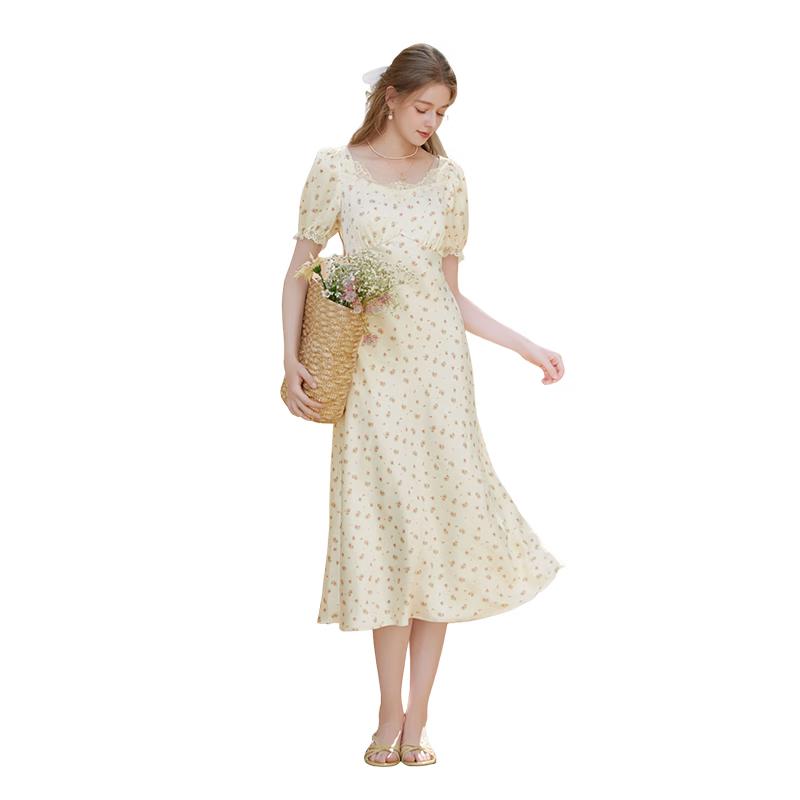 Xiangying French Floral Lace Splice Square Neck Midi Dress M