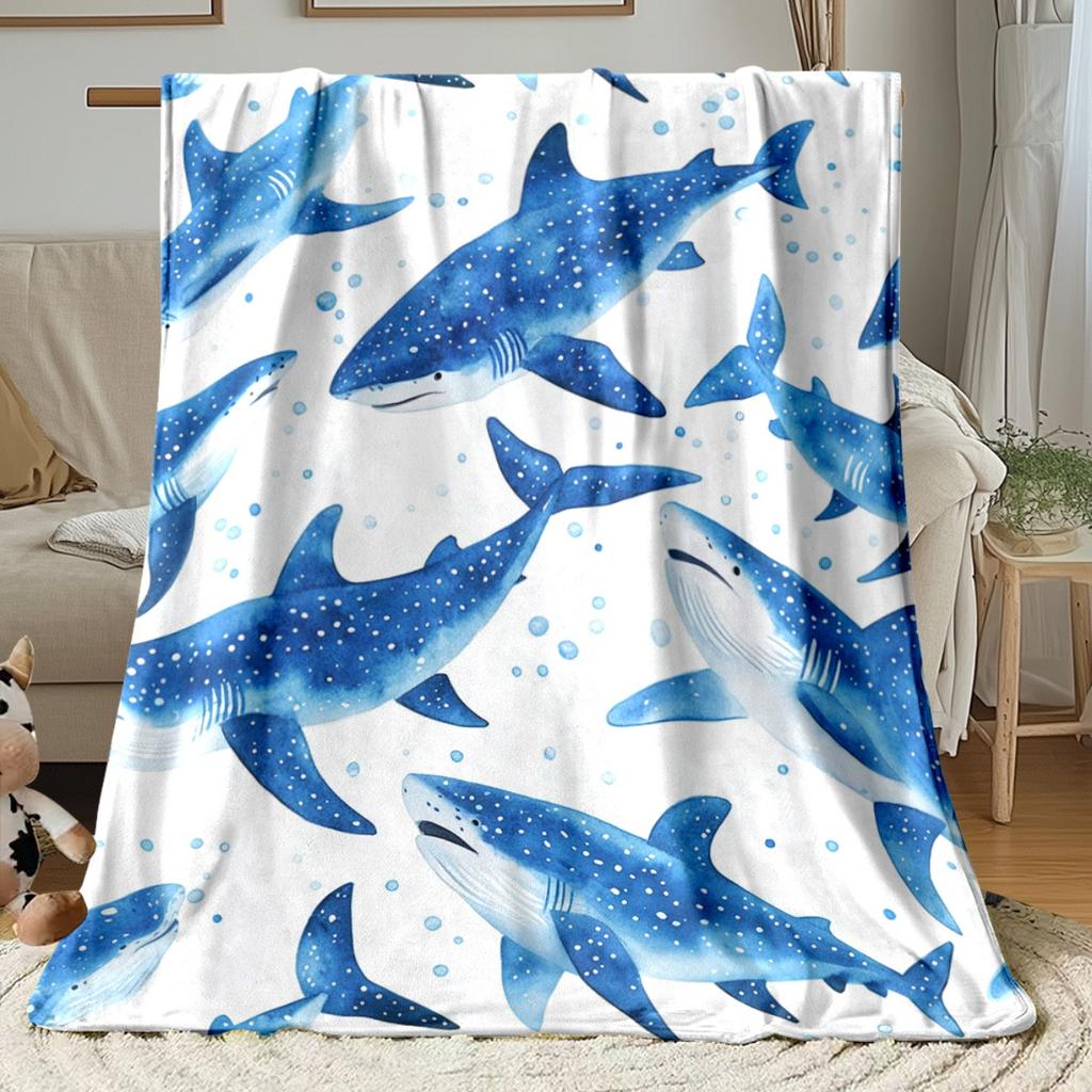 Walhai blau Aquarellmuster weißer Hintergrund weiche Flanelldecke Meerestier Meeresleben Druck Kinderzimmer Babybettwäsche