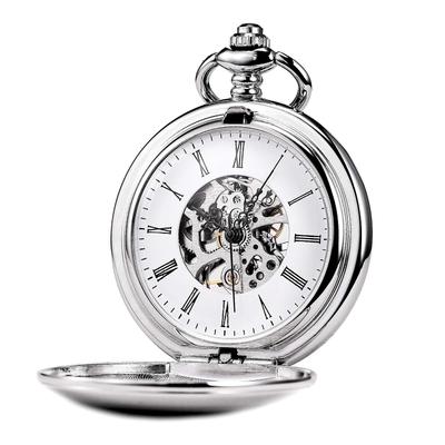 TREEWETO Mechanical Pocket Watch Classic Antique Skeleton Roman Numeral Silver with Chain
