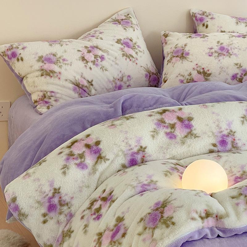 Rabbit Fleece Four-Piece Set, Thickened Milk Fleece Quilt Cover, Coral Fleece Bed Sheet Quilt Cover, Fleece Bedding