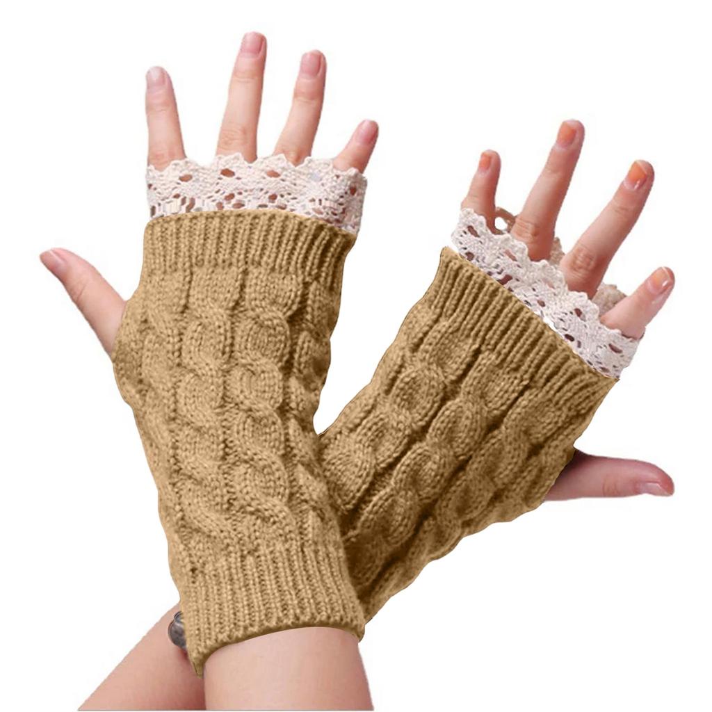 Women's Winter Warm Wool Gloves, Fingerless, With Beautiful Lace And Short Style