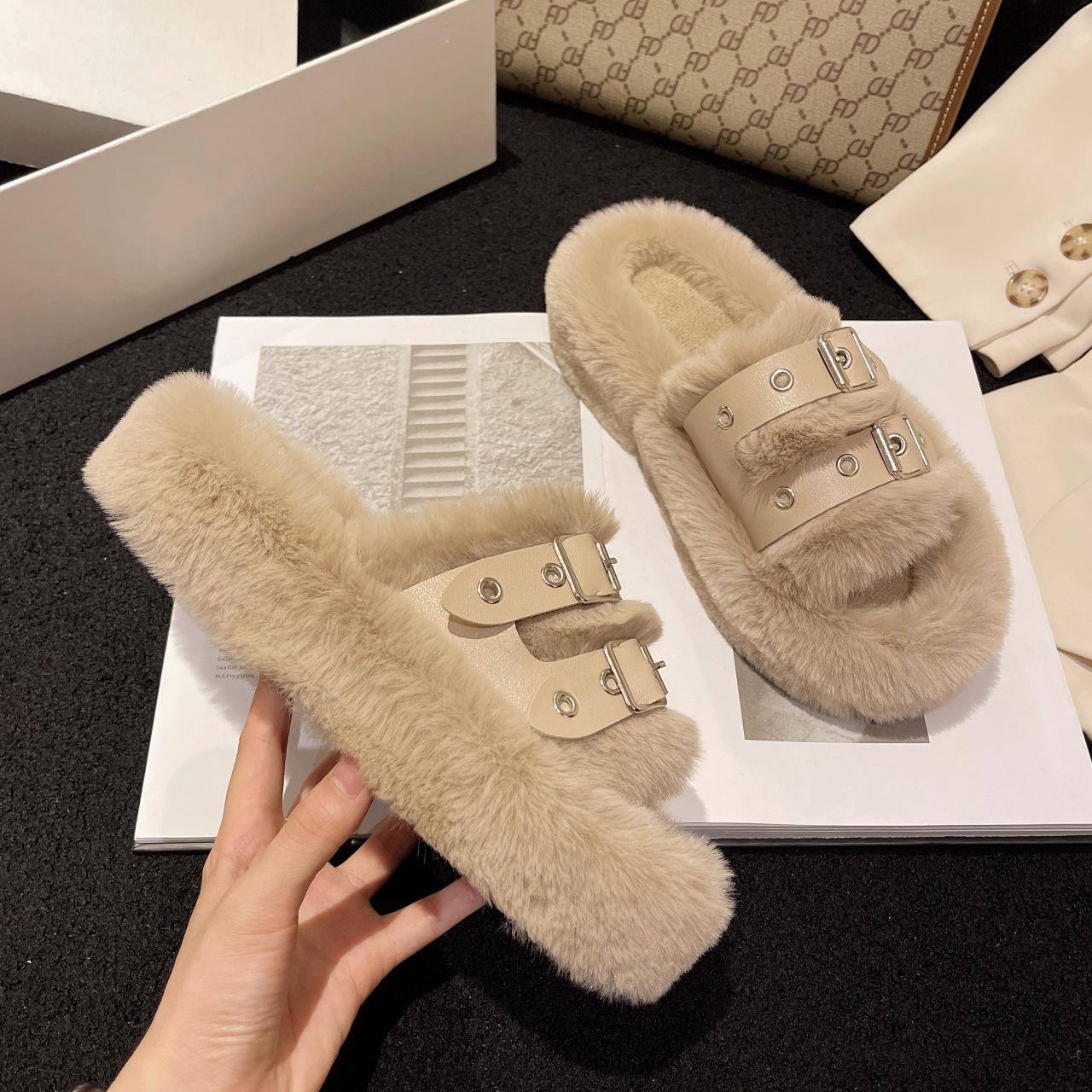 

Mao Mao slippers women s wear 2025 autumn and winter new belt buckle flat bottom one-word drag comfortable retro slippers 42