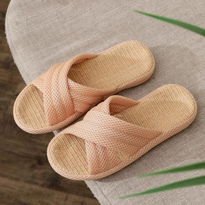 Fashion Women Home Floor Flax Slippers 2025 Spring Summer Shoes Breathable Fabric Anti-slip Couples Indoor Linen Slides House Footwear
