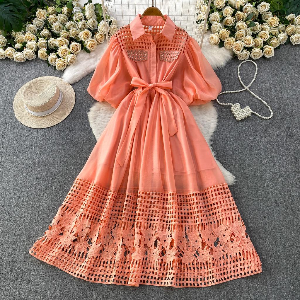 Summer Hollow Out Beaded Loose Chiffon Beach Dress Shirt Women's Puff Sleeve Lace Up Belt Holiday Party Long Robes Maxi Dress