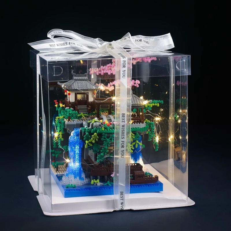 Fairy Pavilion Cherry Blossom Treehouse with Peach Blossom Pond - Creative Ancient Style Building Block Ornament, Handmade Assembly Scene.