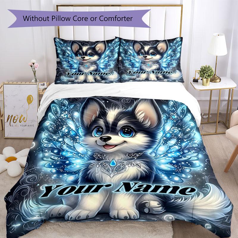 3pcs Custom Name Fantasy Puppy Wings Bedding Set Printed Bedding Set Duvet Cover Closure Includes 1 Duvet Cover & 2 Pillowcases Bedroom Decor