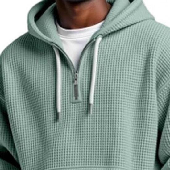 Men Quarter Zip Hoodie Waffle Hooded Sweatshirt Loose Fit Casual Pullover with Drawstring Pocket for School Gym Streetwear