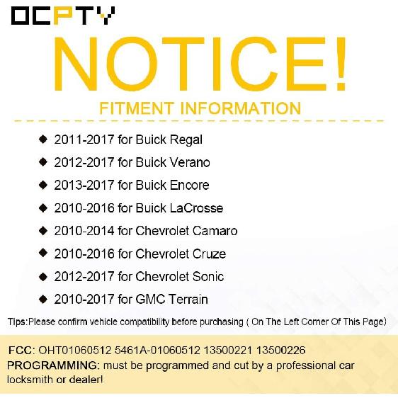 OCPTY 2X Nieskalibrowany Pilot Zdalnego Sterowania Bezkluczykowego Wstępu Obudowa Zamienna dla Specyficzna dla GMC Terrain/dla Buick/dla Chevrolet Seria OHT01060512 5461A-01060512