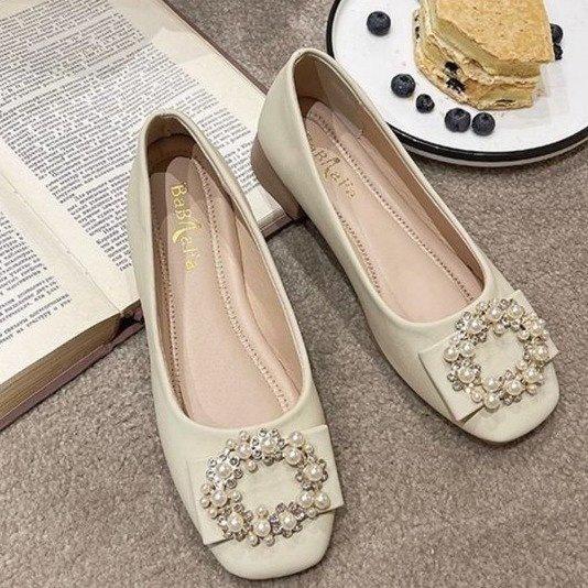 Coarse Heel Single Shoes Women's 2025 New Summer Versatile Doudou Shoes Soft-soled Rhinestone Rings with Skirts Non-slip Flat Shoes
