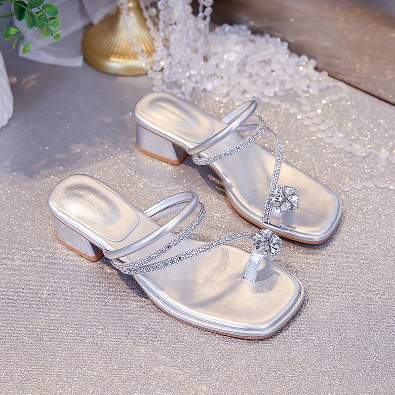 Fashion CRLAYDK Women's Square Open Toe Low Heeled Slide Sandals Rhinestone Strap Flip Flops Slip On Mules Comfort Dressy Slippers