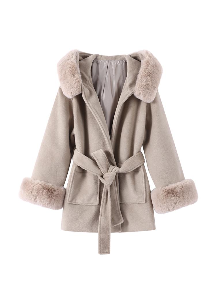 Damen Kapuzenjacke aus synthetischer Wolle Damen Taschen Wollmantel Damen Taillen Daunen Wolljacke Pelz Kapuzenmantel Modestil Herbst und Winter