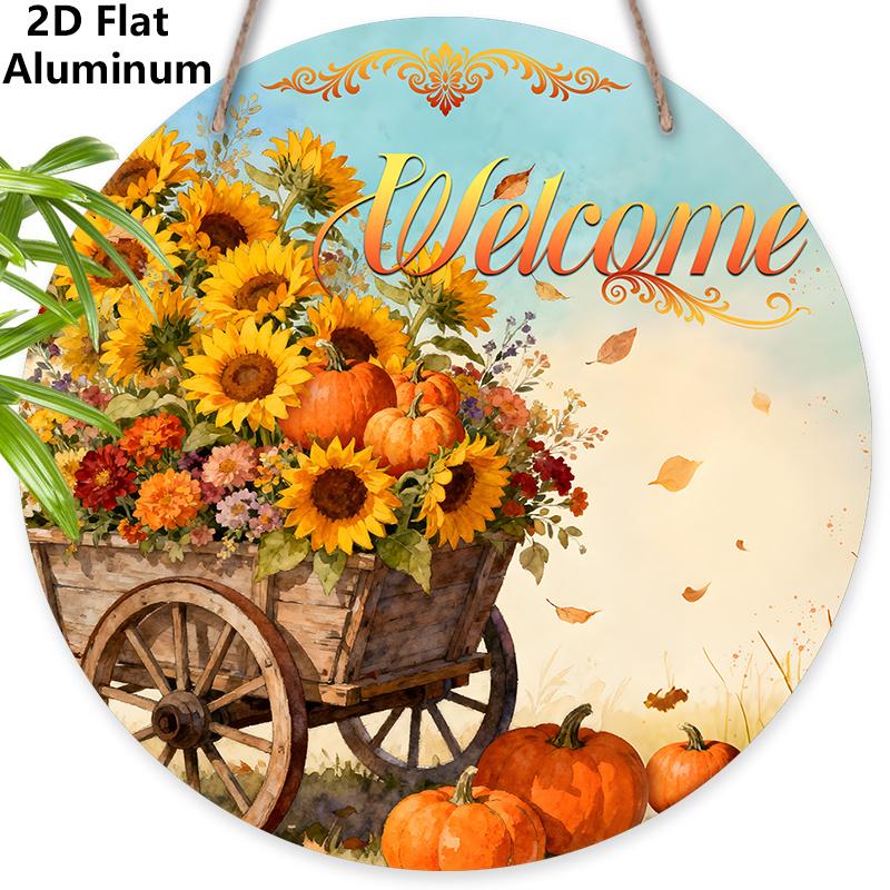 

2D Flat Autumn Aluminium Welcome Sign with Sunflowers & Pumpkin Pattern - Thanksgiving Figurine Ornaments - Ideal for Front Door, Wall, Porch, Fence 7.87×7.87inch