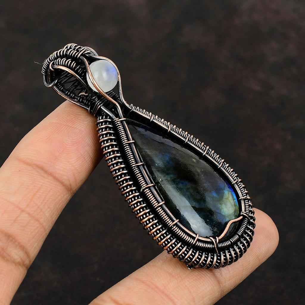 Labradorit Anhänger Kupferdraht gewickelt Edelstein Anhänger Regenbogen Mondstein Anhänger Kupferdraht Wickelschmuck Geschenk für Mutter handgefertigter Anhänger