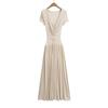 2026 Spring European & American Style Women's Lace Patchwork Waist-Cinching Long Dress with Short Sleeves