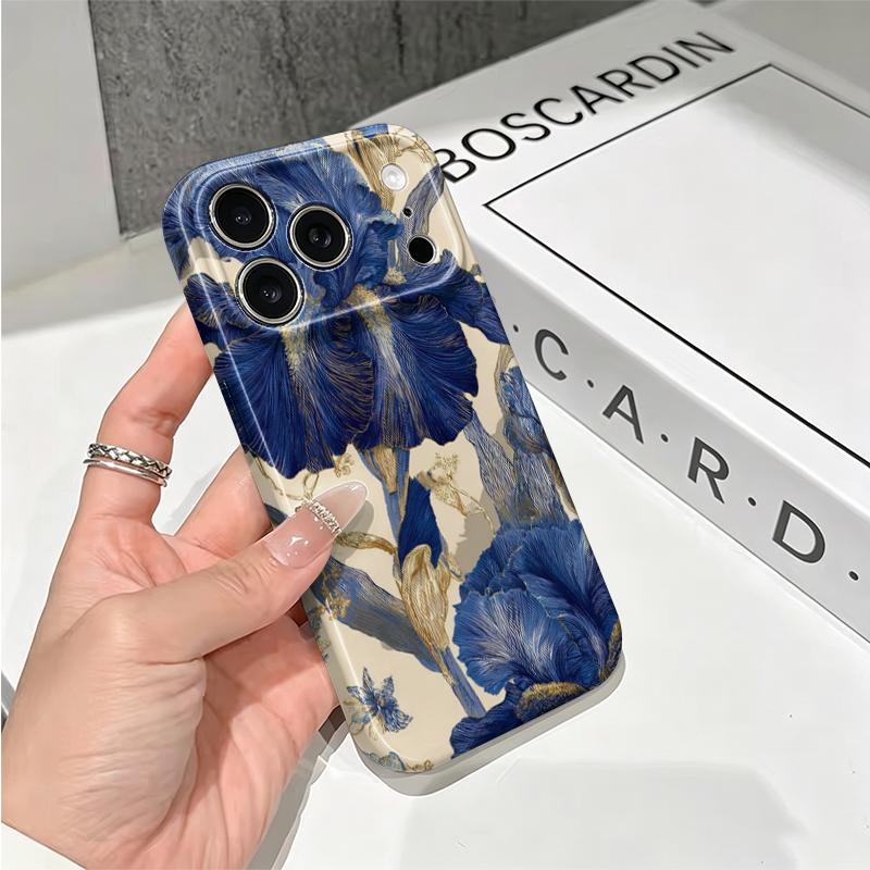 Gilded Iris Blue Gold Luxury Floral Graphic Art Film Aesthetic Protective Shockproof Bumper Phone Case Cover For iPhone 14 15 16 Pro Max Plus