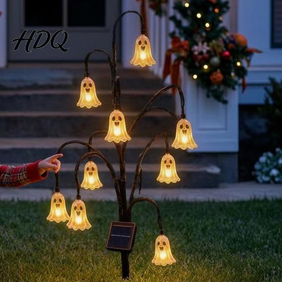 Solar Garden Lights Halloween Tree Stump Light, Powered Stake Twinkling Light Yard Stakes with Ghost Pumpkin Cat Ornaments, Vintage Glowing
