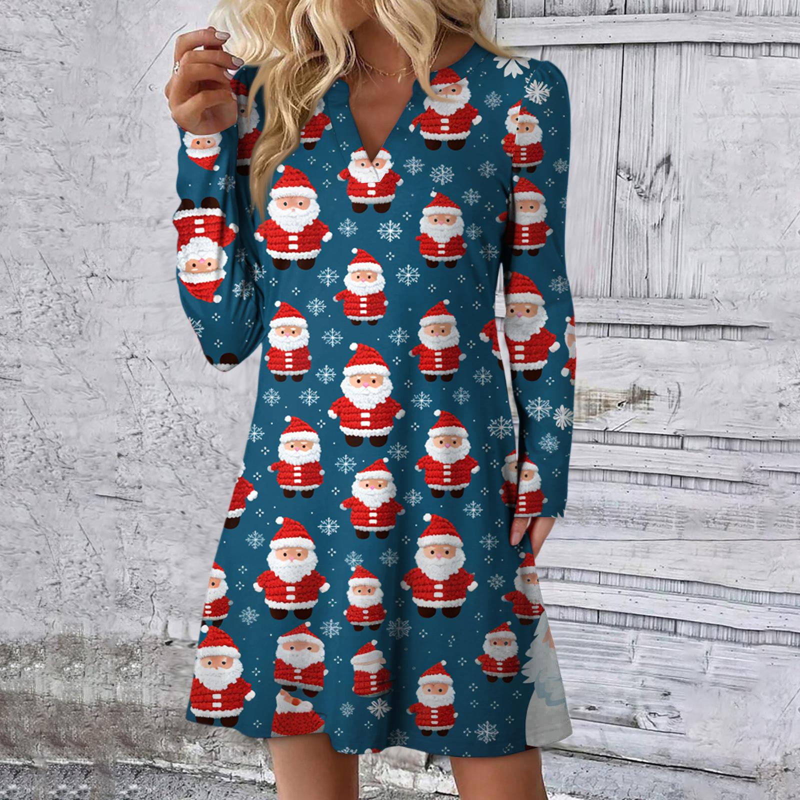 

Женское рождественское платье с принтом, свободное, с V-образным вырезом, повседневное платье с длинными рукавами S