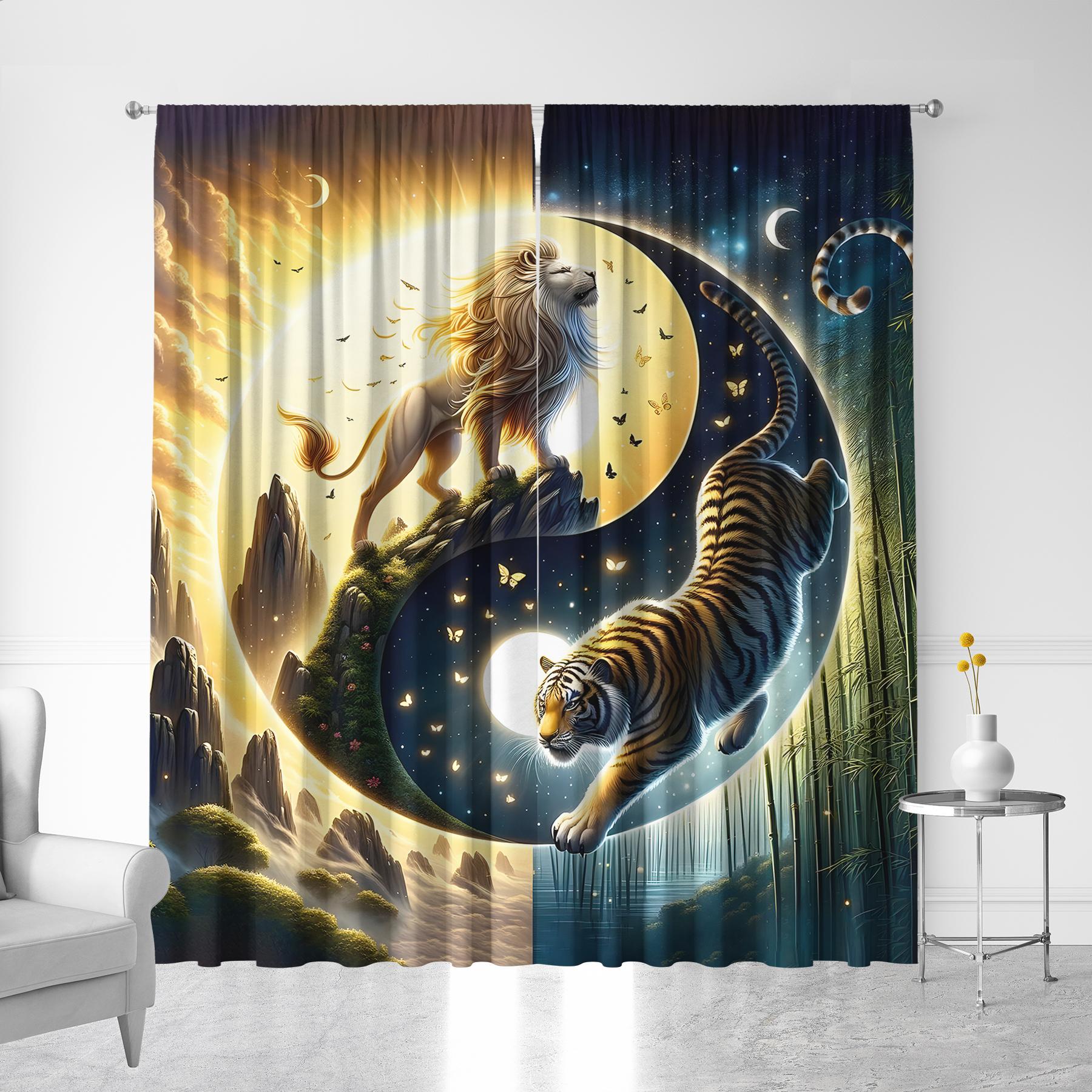 

2PC Fantasy Dragon Tiger Lion Owl Five Elements Bagua Style Rod Bag Curtain, Kitchen, Cafe, Living Room, Garden 75x166&Without mount