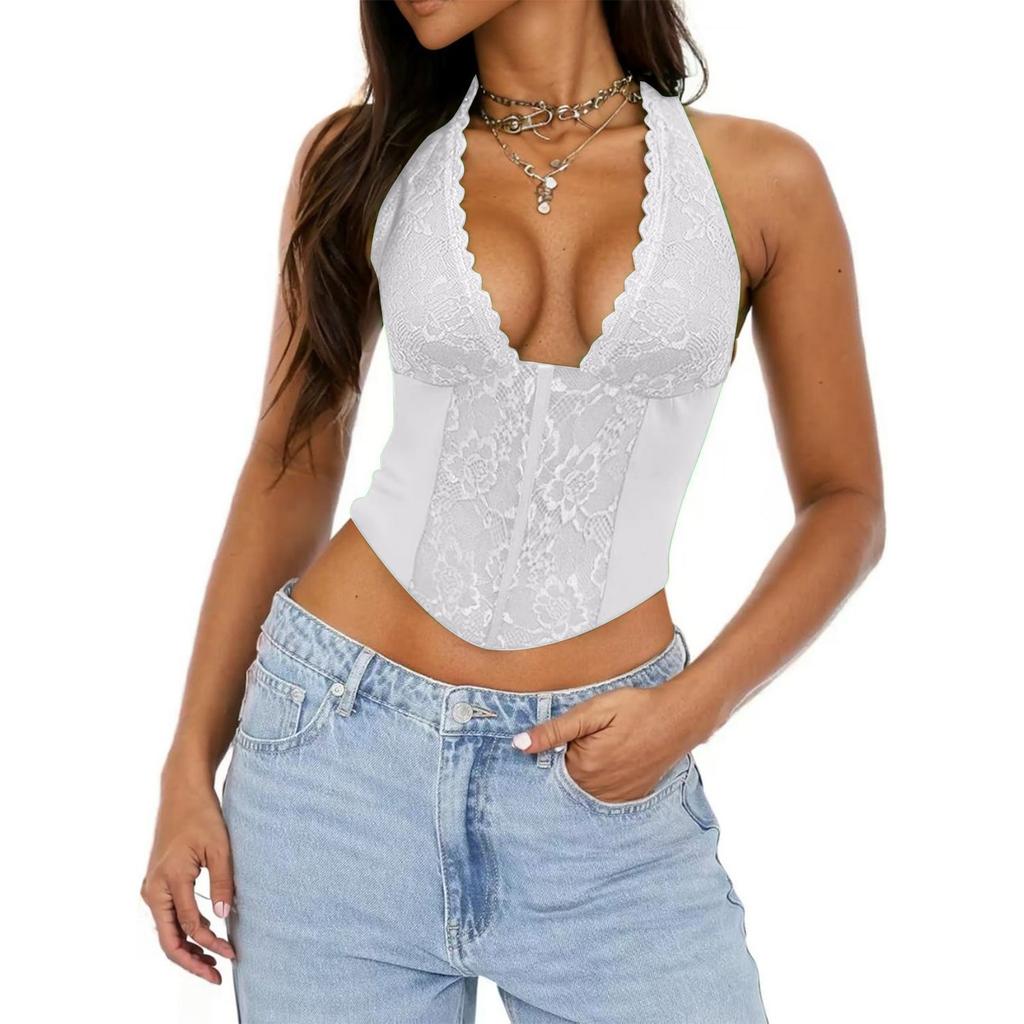 Women's Deep V-neck Lace-up Vest Hollow Lace Fashionable Versatile Slim Fit Top