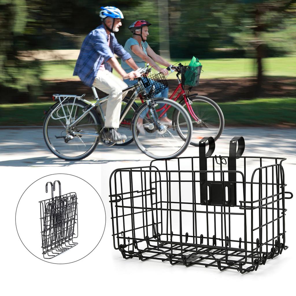 Strong Black Iron Mountain Bike Folding Front Basket Foldable Rear Hanging Wire Bag Bicycle AccessoryBlack Thicken