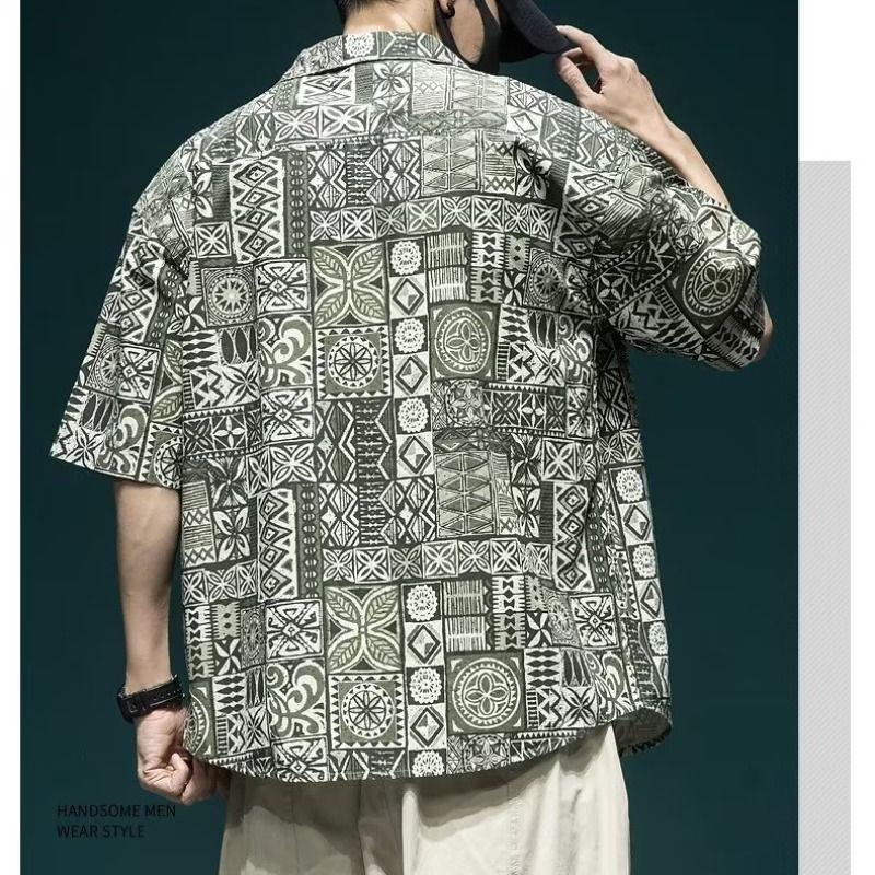 American Retro Hawaiian Shirt Short-sleeved Men's Loose Trendy Brand Large Size Five-point Sleeve Beach Vacation Print