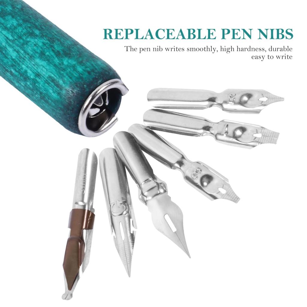 TEHAUX Dip Pen Set Wooden Handle 6 Nibs Calligraphy Manga Illustration G Practice Antique Retro Fountain Pen Ink Beginner Gift (Antique Blue)
