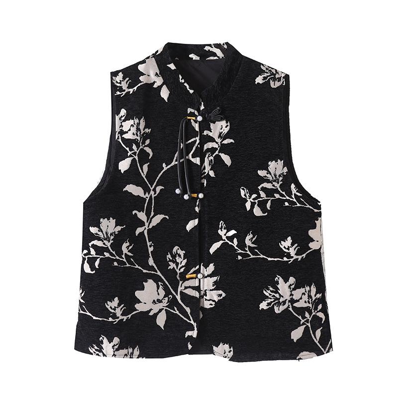 Ruyi Lianyun, New Jacquard Stand-up Collar, Placket Pearl Buckle Vest for Women's Retro Outer Wear Vest