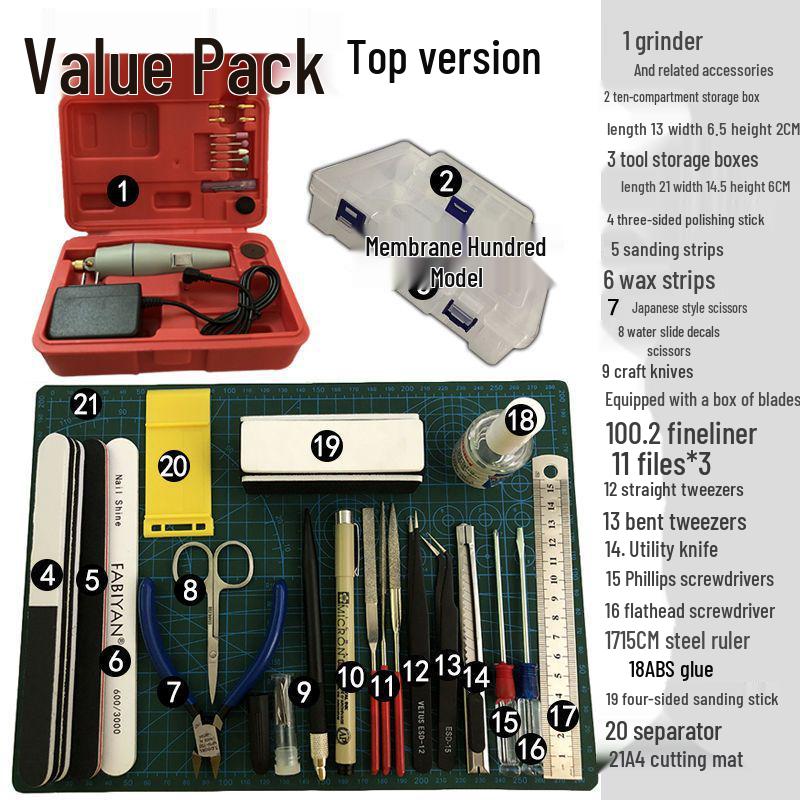 Gundam Modellmonteringsverktygssats: Avbitare, Hobbykniv, Pincetter, Elektrisk polermaskin