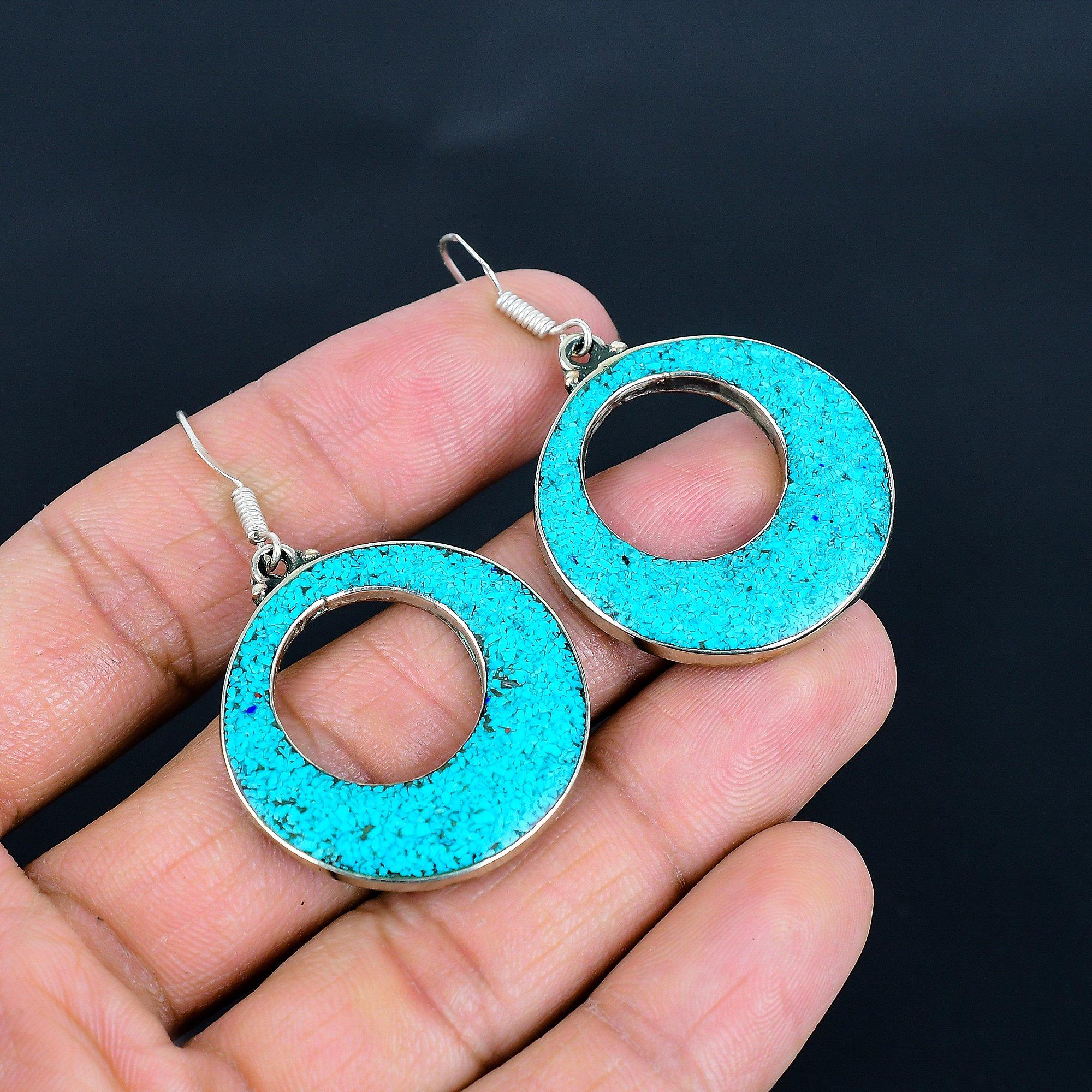 

Серьги Спящая Бирюза 925 Стерлинговое Серебро Тибетское Серебро Серьги Ручной Работы Тибетские Украшения Племенные Этнические Непальские Подвески Подарки для Мамы 5.5 Cm синий