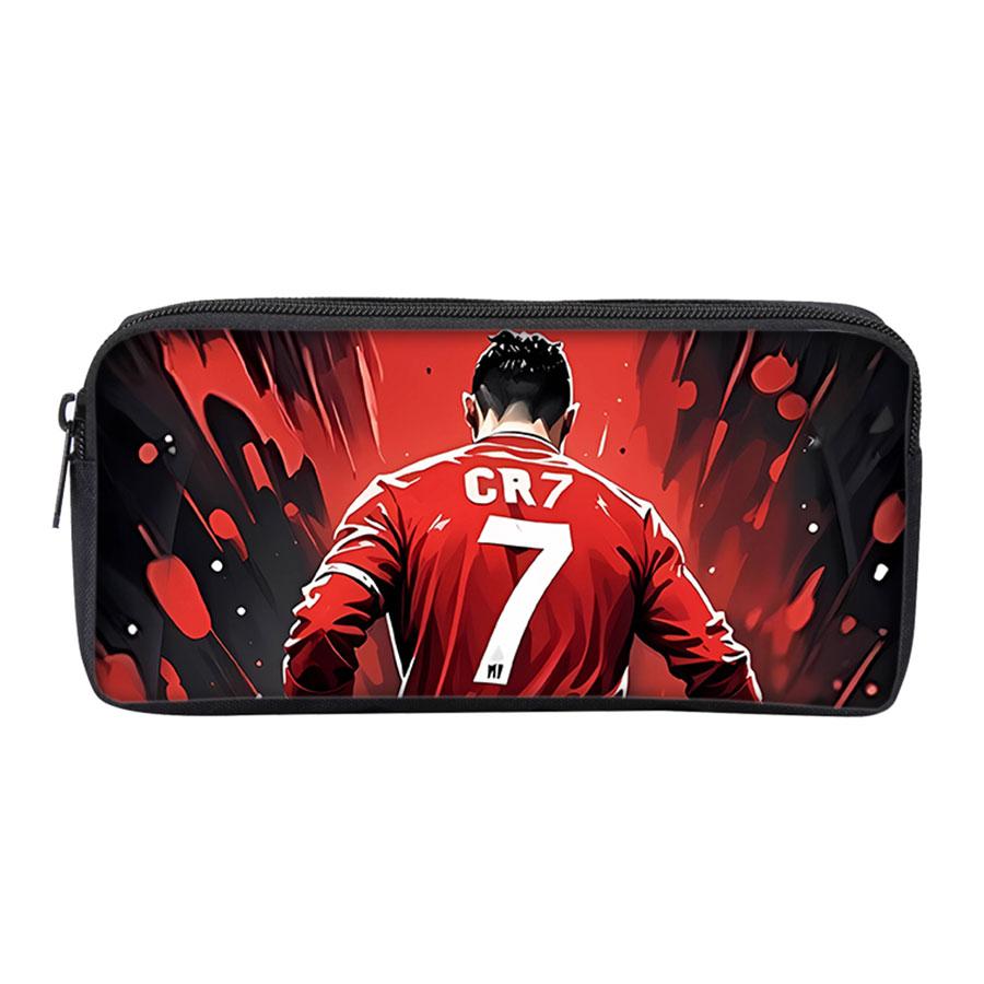 Black Football Star CR7 Pattern Pencil Bag with Zipper Canvas Fabric Stationery Organizer for Schools and Offices