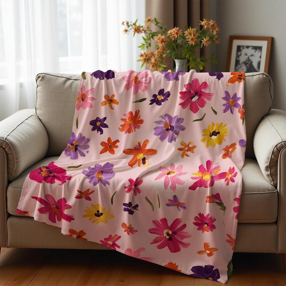 Oil Paint Scatter Flower Soft Flannel Blanket Breathable Warm Throw for Office Car Sofa Kids Room Birthday Xmas Gift